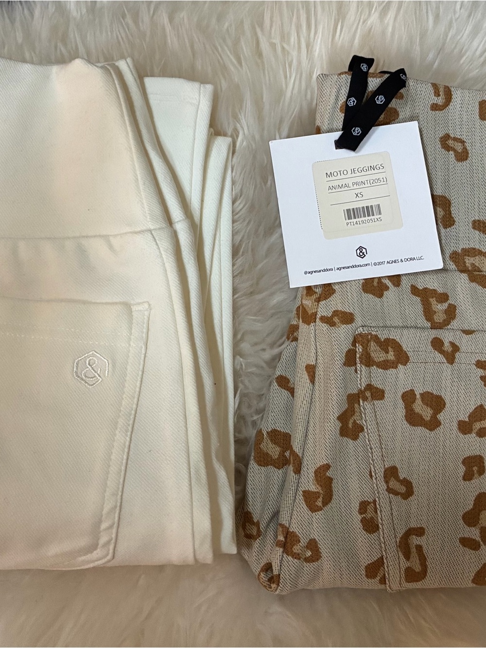 Agnes & Dora Cream Moto Jeggings with Tan Animal Print